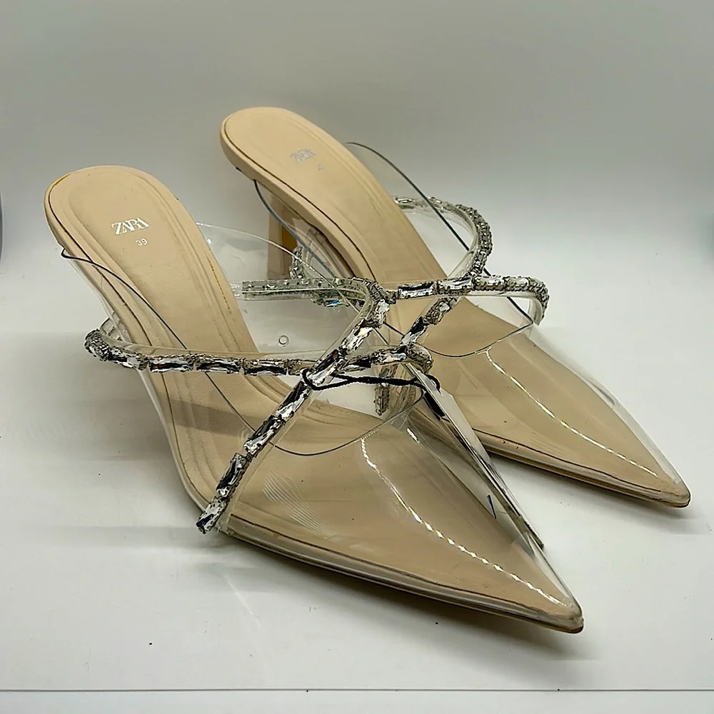 Zara Glitzy See Through Pointed Toe Jeweled Sandals Shoes **Sz 38/US Sz 8** 🔥🔥 - Picture 1 of 5